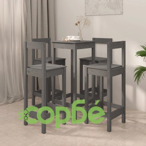 Бар комплект от 5 части, сив, масивна борова дървесина ➤ топ цена ➤ sorbe.bg