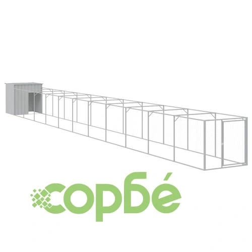 Кучешка къща с волиера, светлосива, 110x1221x110 см, стомана ➤ топ цена ➤ sorbe.bg