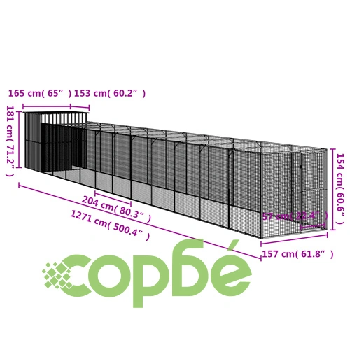 Кучешка къща с волиера, антрацит, 165x1271x181 см, стомана ➤ топ цена ➤ sorbe.bg