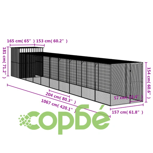 Клетка за пилета с волиера, антрацит, 165x1067x181 см, стомана ➤ топ цена ➤ sorbe.bg