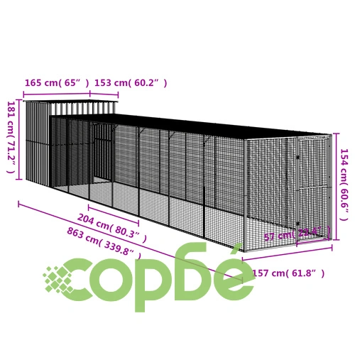 Клетка за пилета с волиера, светлосива, 165x863x181 см, стомана ➤ топ цена ➤ sorbe.bg