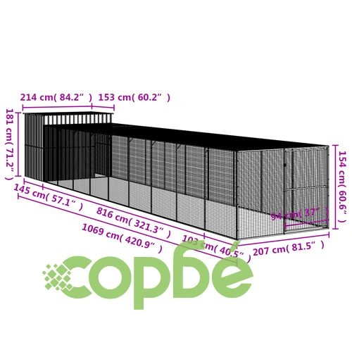 Кучешка къща с волиера, антрацит, 214x1069x181 см, стомана ➤ топ цена ➤ sorbe.bg