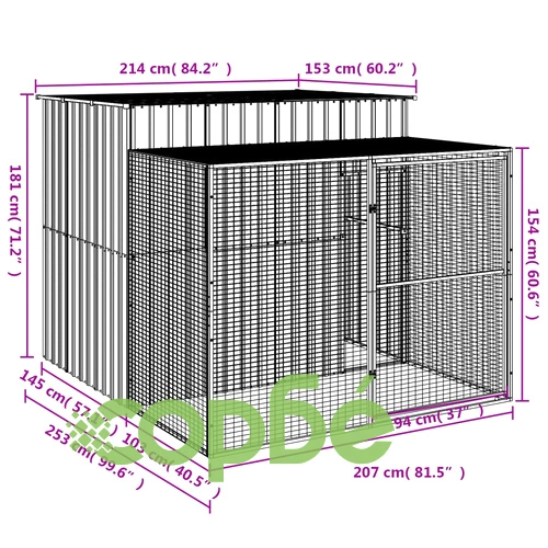 Кучешка къща с волиера, 214x253x181 см, поцинкована стомана ➤ топ цена ➤ sorbe.bg