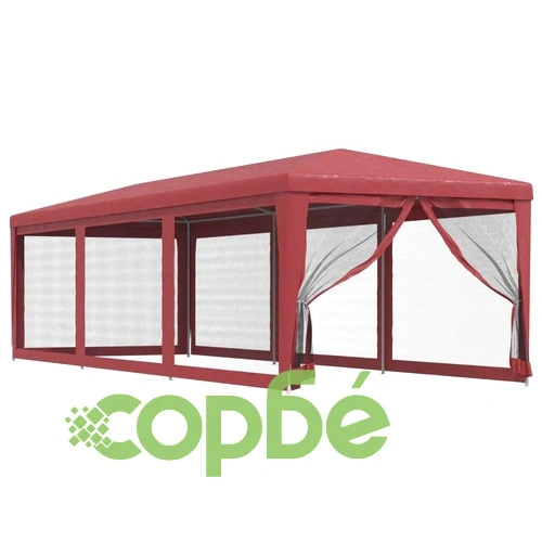Парти палатка с 8 мрежести странични стени червена 3x9 м HDPE ➤ топ цена ➤ sorbe.bg