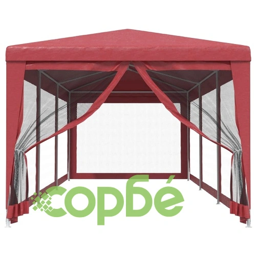 Парти палатка с 8 мрежести странични стени червена 3x9 м HDPE ➤ топ цена ➤ sorbe.bg