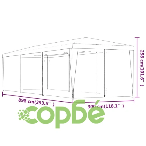 Парти палатка с 8 мрежести странични стени червена 3x9 м HDPE ➤ топ цена ➤ sorbe.bg