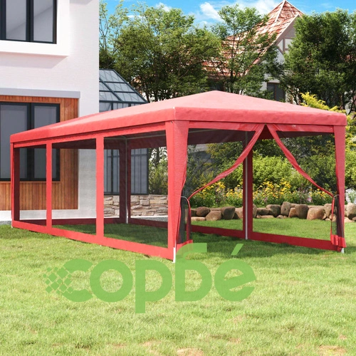 Парти палатка с 8 мрежести странични стени червена 3x9 м HDPE ➤ топ цена ➤ sorbe.bg