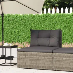 Градински среден диван с възглавници, сив, полиратан
