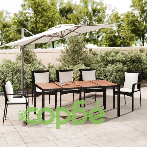 Градинска маса с дървен плот, черна, полиратан и акация масив ➤ топ цена ➤ sorbe.bg