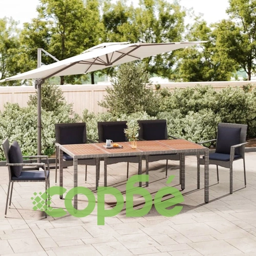 Градинска маса с дървен плот, сива, полиратан и акация масив ➤ топ цена ➤ sorbe.bg