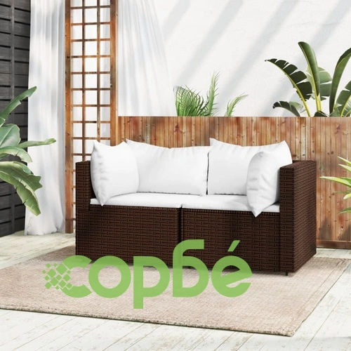 Градински ъглови дивани с възглавници, 2 бр, кафяви, полиратан ➤ топ цена ➤ sorbe.bg