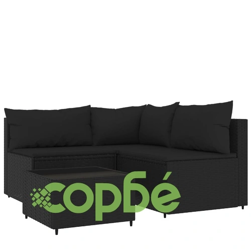 Градински лаундж комплект с възглавници 4 части черен полиратан ➤ топ цена ➤ sorbe.bg