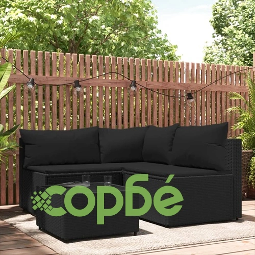 Градински лаундж комплект с възглавници 4 части черен полиратан ➤ топ цена ➤ sorbe.bg