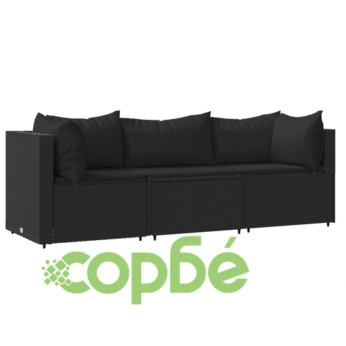 Градински лаундж комплект с възглавници 3 части черен полиратан ➤ топ цена ➤ sorbe.bg