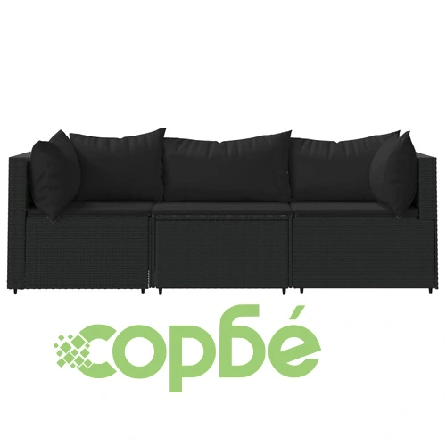 Градински лаундж комплект с възглавници 3 части черен полиратан ➤ топ цена ➤ sorbe.bg