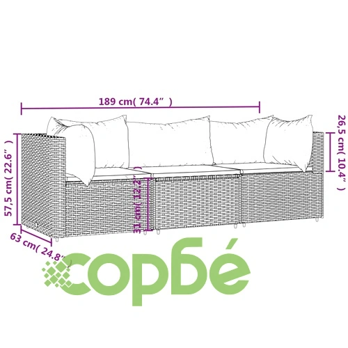 Градински лаундж комплект с възглавници 3 части черен полиратан ➤ топ цена ➤ sorbe.bg