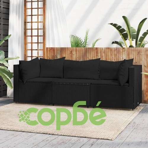 Градински лаундж комплект с възглавници 3 части черен полиратан ➤ топ цена ➤ sorbe.bg