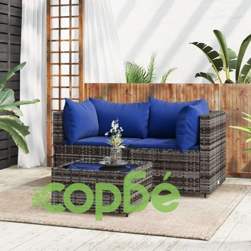 Градински лаундж комплект с възглавници 3 части сив полиратан ➤ топ цена ➤ sorbe.bg