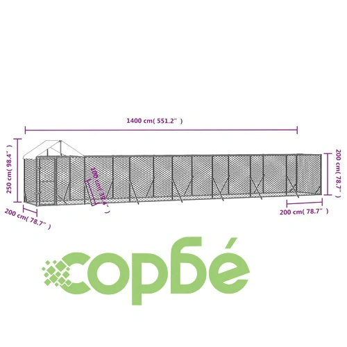 Външна клетка за куче с покрив сребриста 14x2x2,5 м стомана ➤ топ цена ➤ sorbe.bg