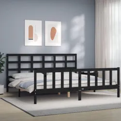 Рамка за легло с табла, черна, 180x200 см, масивно дърво
