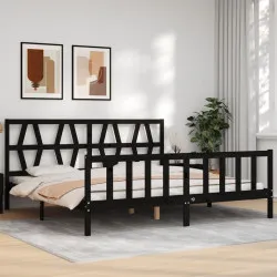 Рамка за легло с табла, черна, 200x200 см, масивно дърво