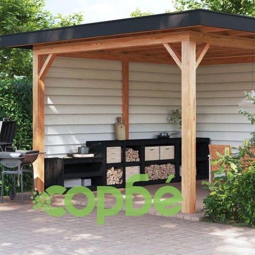 Кухненски шкафове за открито, 4 бр, черни, бор масив ➤ топ цена ➤ sorbe.bg