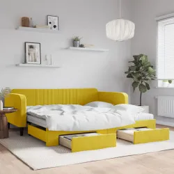Канапе с изтеглящо легло и чекмеджета жълто 100x200 см кадифе