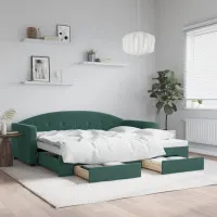 Канапе изтеглящо легло и чекмеджета тъмнозелен 90x200 см кадифе