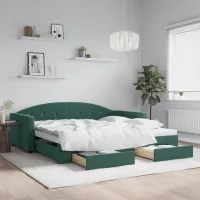 Канапе с изтеглящо легло и чекмеджета зелено 100x200 см кадифе
