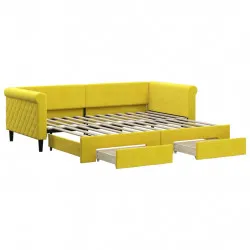 Канапе с изтеглящо легло и чекмеджета жълто 90x200 см кадифе