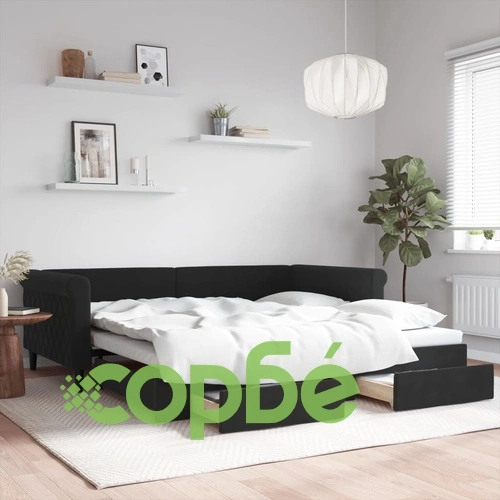 Канапе с изтеглящо легло и чекмеджета черно 100x200 см кадифе ➤ топ цена ➤ sorbe.bg