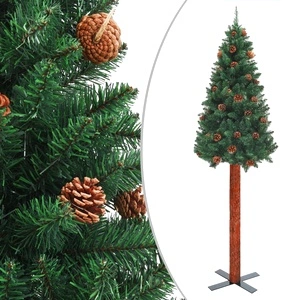 Тънка коледна елха с истинско дърво и шишарки зелена 150 см PVC