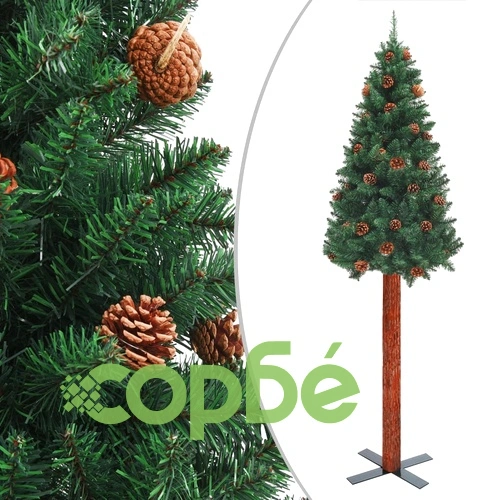 Тънка коледна елха с истинско дърво и шишарки зелена 150 см PVC ➤ топ цена ➤ sorbe.bg