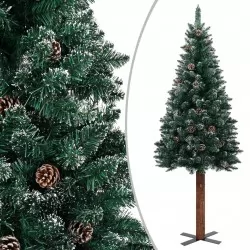 Тънка коледна елха с истинско дърво и бял сняг зелена 180 см