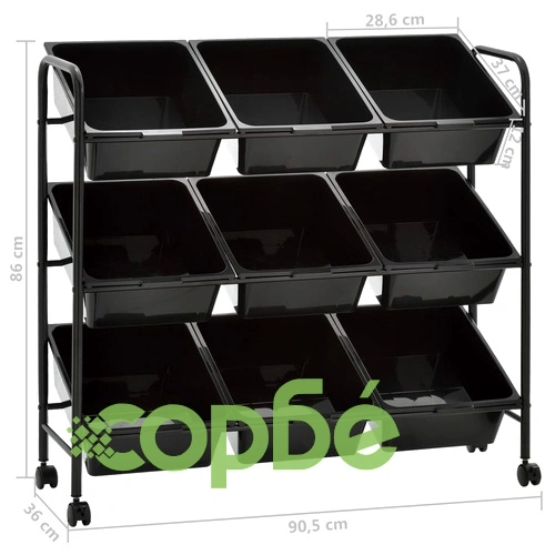 Количка за съхранение на играчки, 9 коша, черна, пластмаса ➤ топ цена ➤ sorbe.bg