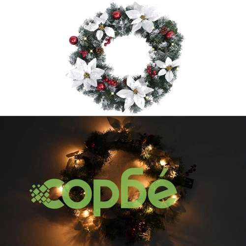 Коледен венец с LED лампички, зелен, 60 см, PVC ➤ топ цена ➤ sorbe.bg