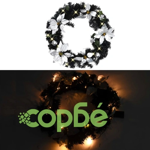 Коледен венец с LED светлини черен 60 см PVC ➤ топ цена ➤ sorbe.bg