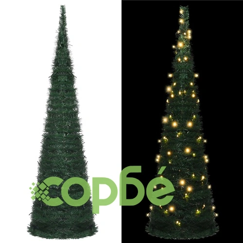 Разгъваема стринг изкуствена коледна елха с LED, зелена, 150 см ➤ топ цена ➤ sorbe.bg