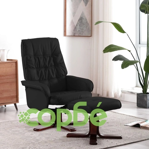 Реклайнер с табуретка, черен, изкуствена кожа ➤ топ цена ➤ sorbe.bg
