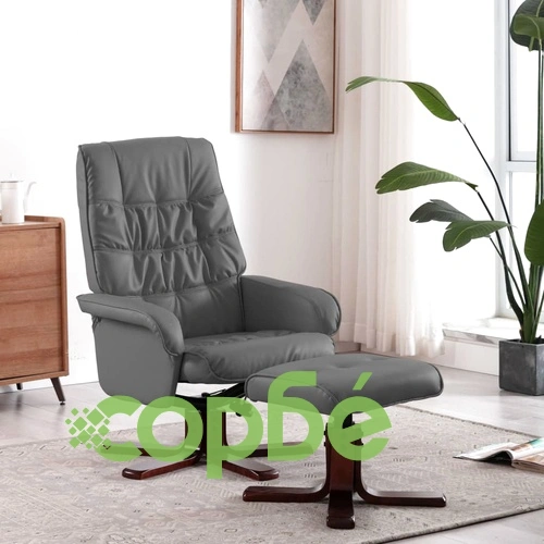 Реклайнер с табуретка, сив, изкуствена кожа ➤ топ цена ➤ sorbe.bg