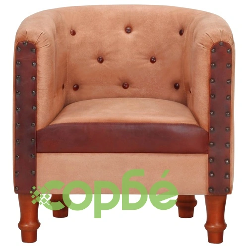 Фотьойл, кафяв, естествена кожа и мангово дърво масив ➤ топ цена ➤ sorbe.bg