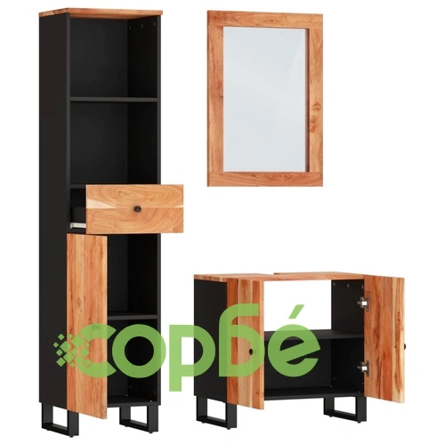 Комплект мебели за баня, 3 части, масивна акациева дървесина ➤ топ цена ➤ sorbe.bg