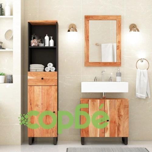 Комплект мебели за баня, 3 части, масивна акациева дървесина ➤ топ цена ➤ sorbe.bg