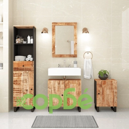 Комплект мебели за баня, 4 части, масивна мангова дървесина ➤ топ цена ➤ sorbe.bg