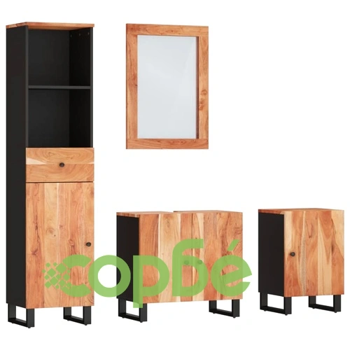 Комплект мебели за баня, 4 части, масивна акациева дървесина ➤ топ цена ➤ sorbe.bg