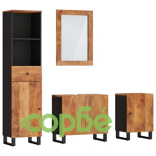 Комплект мебели за баня, 4 части, масивна мангова дървесина ➤ топ цена ➤ sorbe.bg