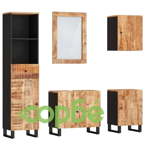 Комплект мебели за баня, 5 части, масивна мангова дървесина ➤ топ цена ➤ sorbe.bg