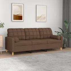 3-местен диван с декоративни възглавници кафяв плат 180 см