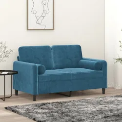 2-местен диван с декоративни възглавници син 120 см кадифе