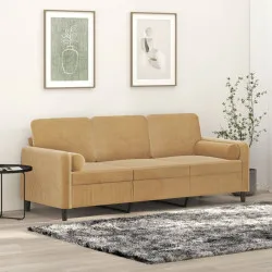 3-местен диван с декоративни възглавници кафяв 180 см кадифе